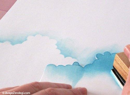  نقاشی آسمان ابری با اسفنج و الگو 